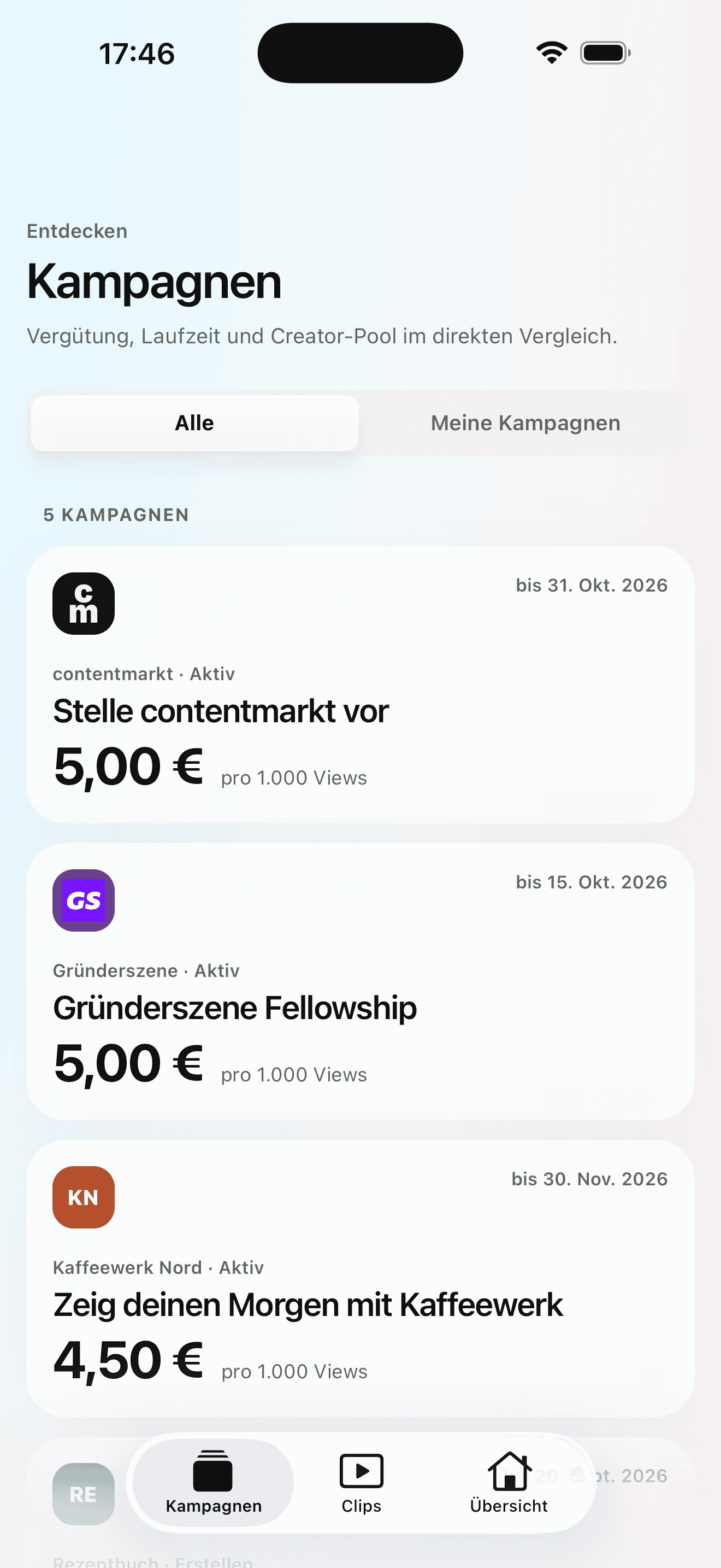 Campaign view of the contentmarkt app showing several example campaigns