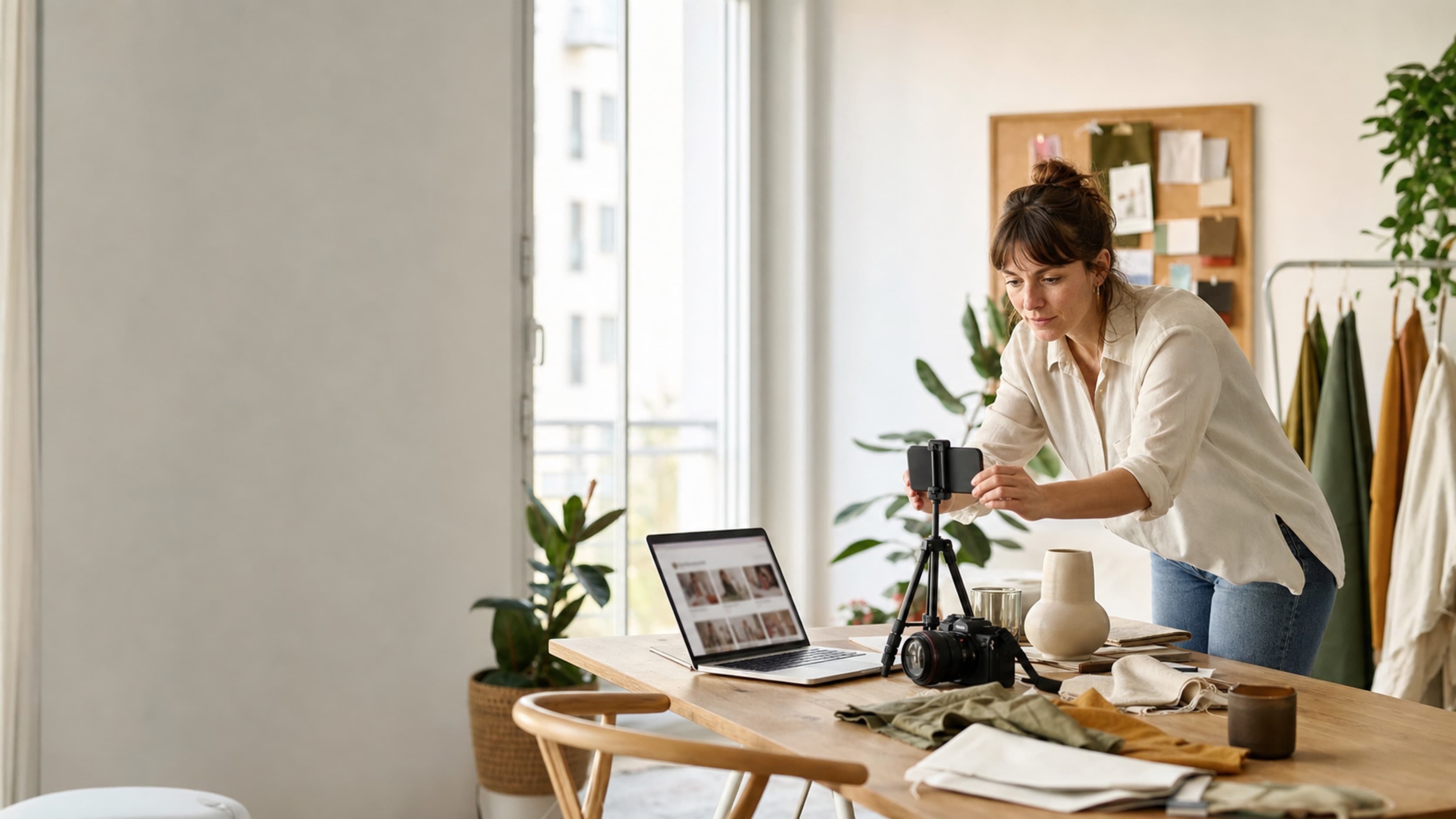 Eine Creatorin richtet Smartphone, Kamera und Laptop für eine Content-Produktion ein